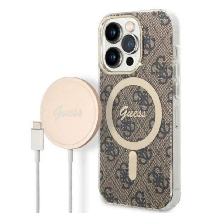 Guess - GUESS iPhone 14 Pro Max Magsafe Skal 4G Print + Trdls Laddare - Brun