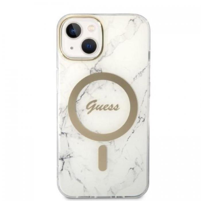 Guess - GUESS iPhone 14 Plus Magsafe Skal Marble + Trdls Laddare - Vit