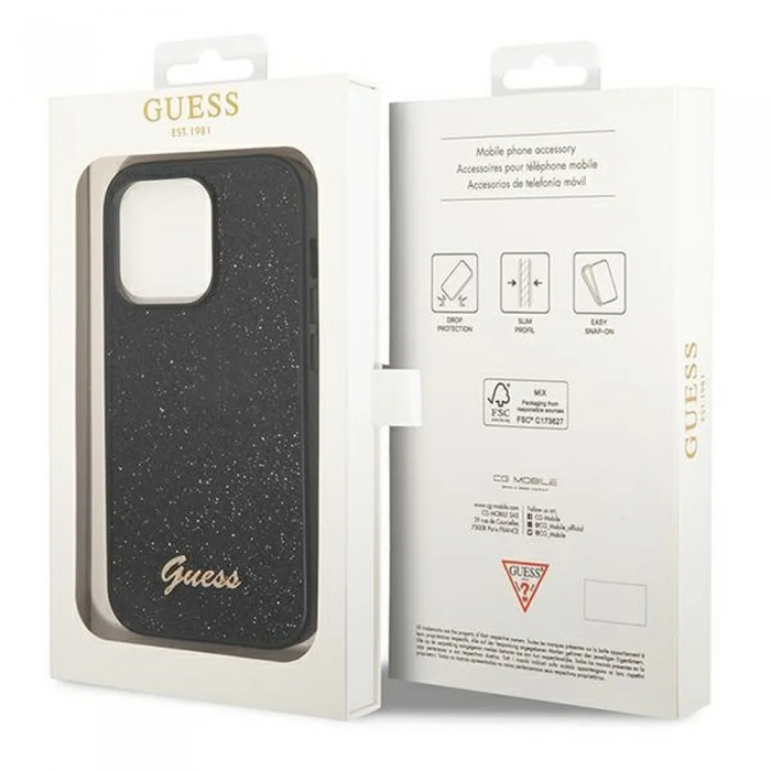 UTGATT1 - GUESS iPhone 14 Pro Skal Glitter Flakes Script Metal Logo
