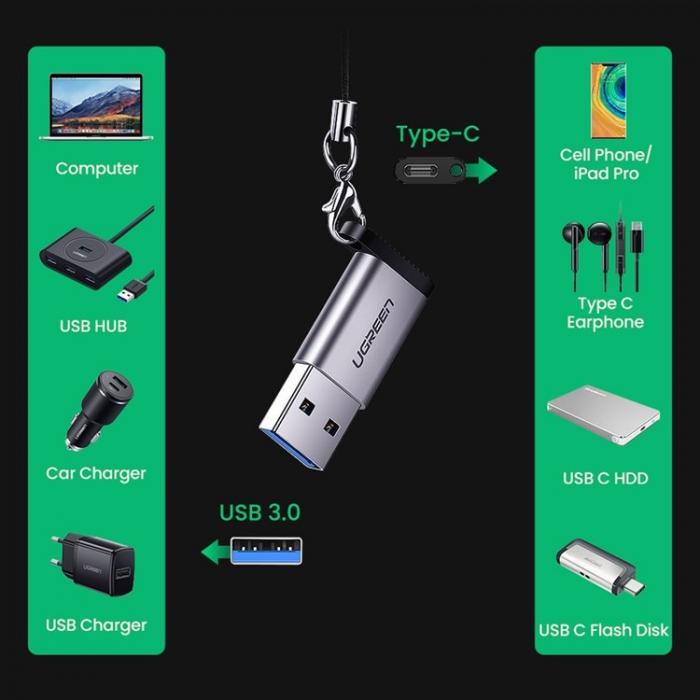 Ugreen - UGreen USB-C Hane till USB Hona Adapter - Gr