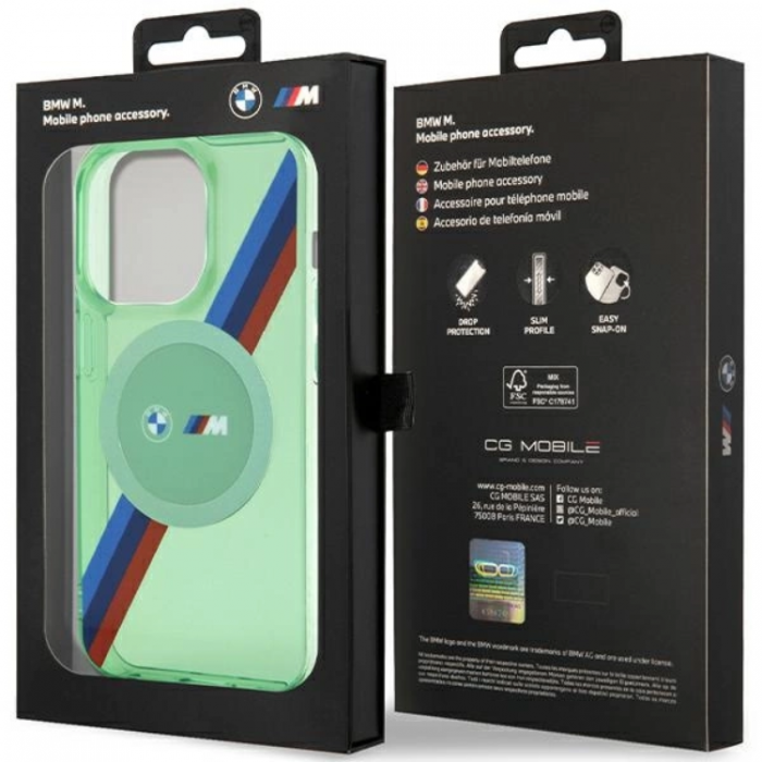 BMW - BMW iPhone 15 Pro Mobilskal Magsafe M Tricolor Stripes - Grn