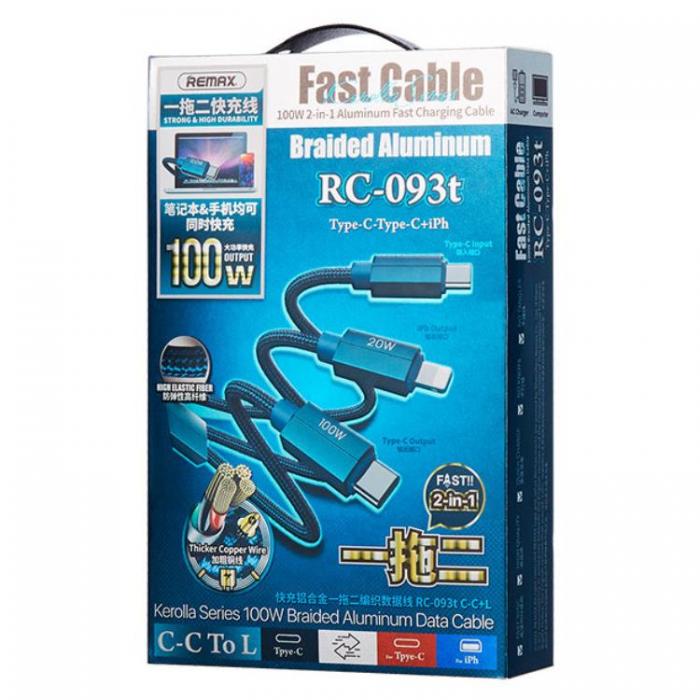 Remax - REMAX 2in1 USB-C till USB-C, Lightning Kabel 100W 1m - Bl