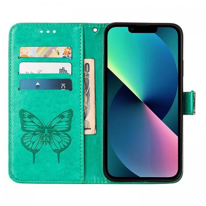 A-One Brand - iPhone 14 Pro Plnboksfodral Butterfly Flower Imprinted - Grn