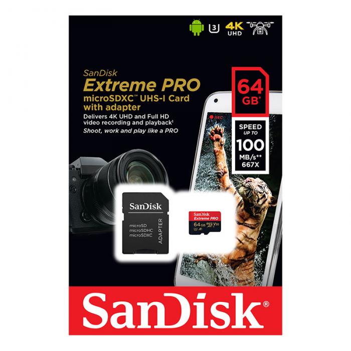 UTGATT5 - SANDISK EXTREME PRO MICROSDXC 64GB W/ SD ADAPTER 170MB/S