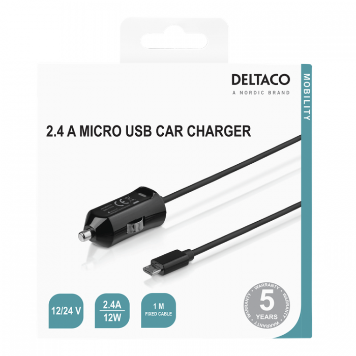 UTGATT1 - Deltaco Billaddare 12 W Med Mikro-USB kabel 1 m - Svart