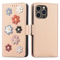 A-One Brand - iPhone 14 Pro Plånboksfodral Flower Decor Magnetic - Khaki