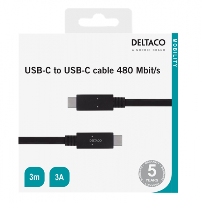 UTGATT1 - Deltaco USB-C till USB-C Kabel 3m IF - Svart