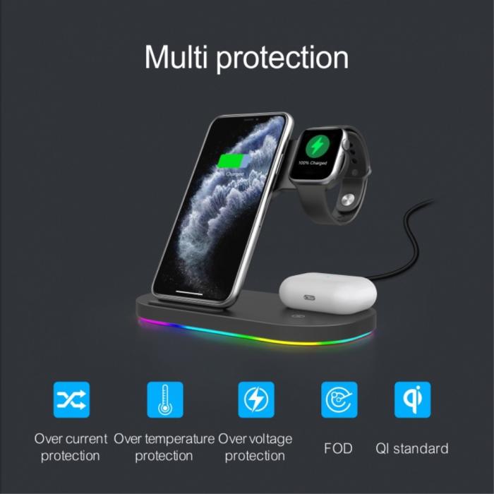 A-One Brand - 3in1 Qi 15W Trdls laddare iPhone / Apple Watch / AirPods - Svart