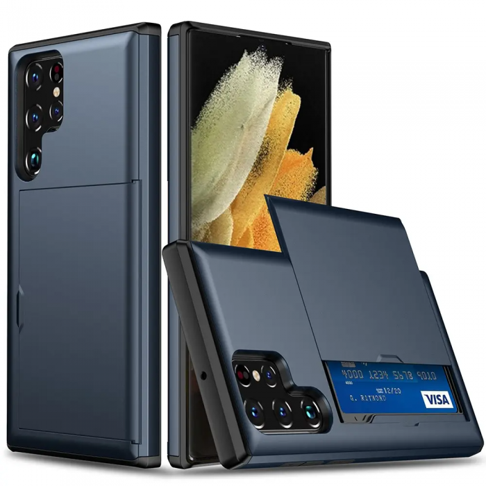 A-One Brand - Galaxy S22 Ultra 5G Slide Korthllare Skal - Mrkbl