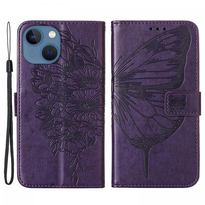 A-One Brand - iPhone 14 Plnboksfodral Butterfly Flower Imprinted - Lila