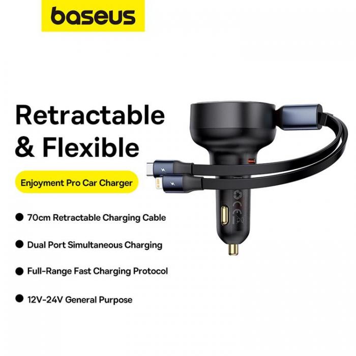 BASEUS - Baseus Enjoyment USB-C Billaddare med USB-C/Lightning 60W kabel - Svart