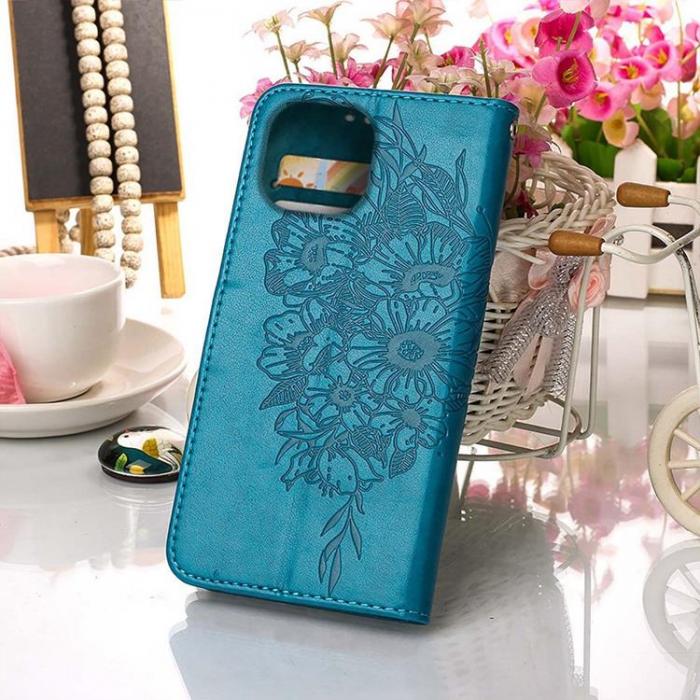 A-One Brand - iPhone 14 Plus Plnboksfodral Butterfly Flower Imprinted - Bl