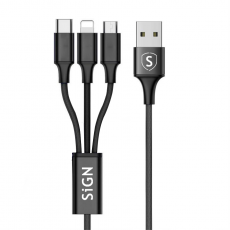 SiGN - SiGN 3in1 Kabel 0,25m - Lightning, USB-C, Micro-USB 5V, 3A - Svart