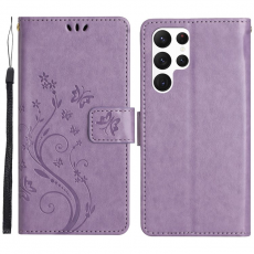 A-One Brand - Galaxy S23 Ultra Plånboksfodral Imprinting Flower Butterfly - Lila
