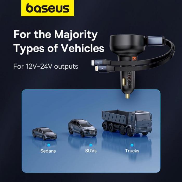 BASEUS - Baseus Enjoyment USB-A Billaddare med USB-C/Lightning 60W Kabel - Svart