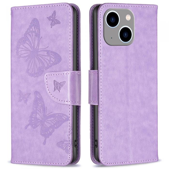 A-One Brand - iPhone 14 Plus Plnboksfodral Butterfly Imprinted - Lila