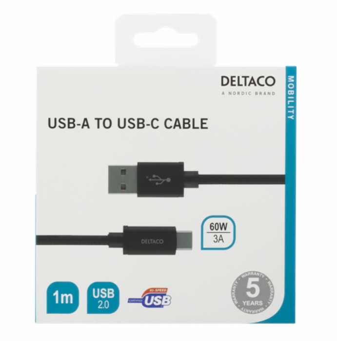 UTGATT1 - Deltaco USB-A till USB-C Kabel 1m Fltad - Svart