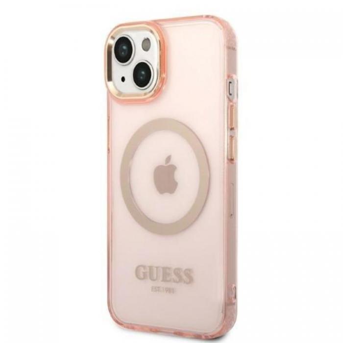 Guess - GUESS iPhone 14 Plus Skal MagSafe Gold Outline Translucent - Rosa