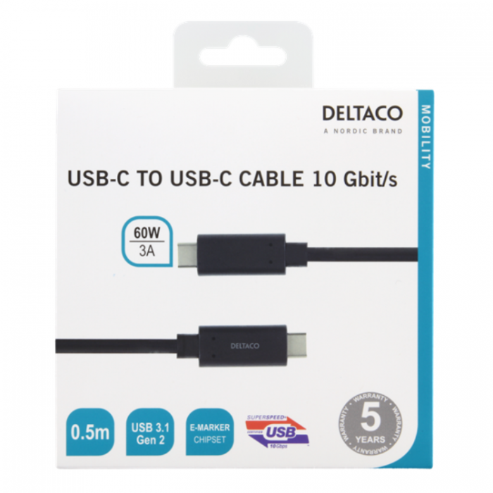 UTGATT1 - Deltaco USB-C till USB-C Kabel 0.5m 60W - Svart