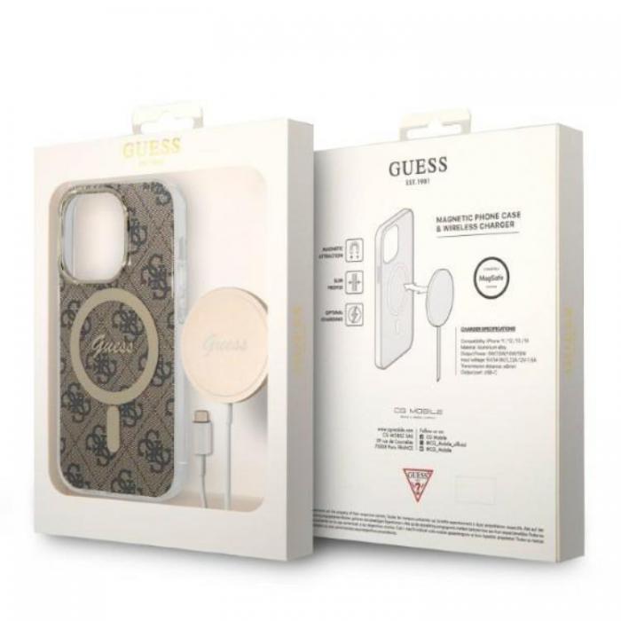 Guess - GUESS iPhone 14 Pro Magsafe Skal 4G Print + Trdls Laddare - Brun