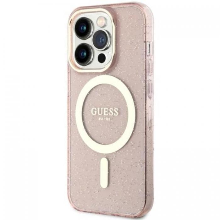 Guess - Guess iPhone 14 Pro Mobilskal MagSafe Glitter Guld - Rosa