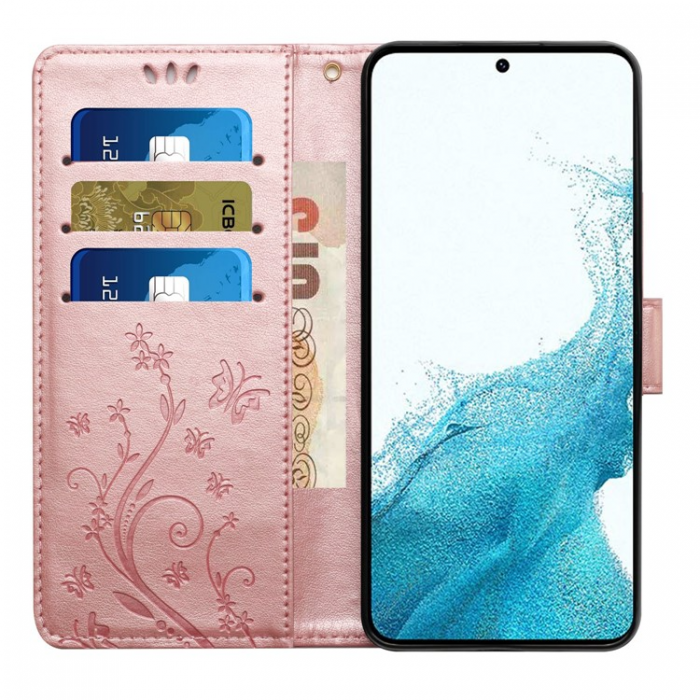 A-One Brand - Galaxy S23 Plnboksfodral Imprinting Flower Butterfly - Rosa Guld