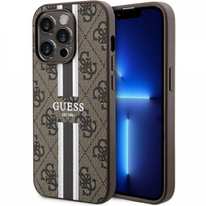 Guess - Guess iPhone 15 Pro Mobilskal Magsafe 4G Printed Stripes - Brun