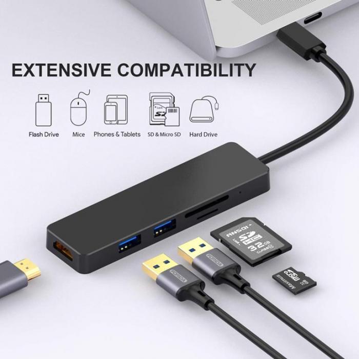 SiGN - SiGN 5-i-1 USB-C-adapter HDMI 4K MicroSD, max 15W, 5V, 3A - Svart