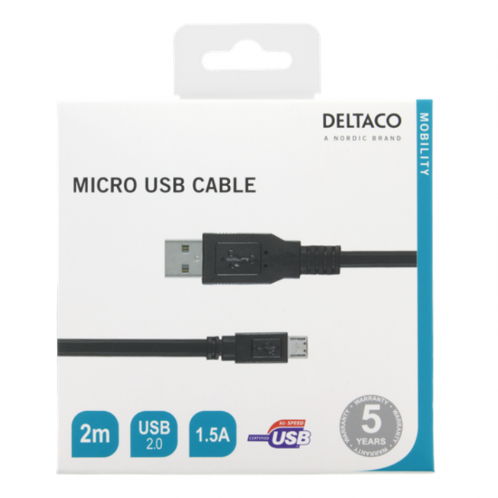 UTGATT1 - Deltaco Typ-A Till Micro USB Kabel 2m - Svart