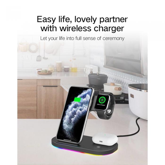 A-One Brand - 3in1 Qi 15W Trdls laddare iPhone / Apple Watch / AirPods - Svart
