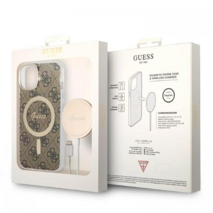 Guess - GUESS iPhone 14 Plus Magsafe Skal 4G Print + Trdls Laddare - Brun