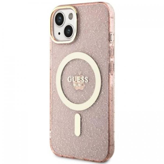 Guess - Guess iPhone 14 Plus Mobilskal MagSafe Glitter Guld - Rosa