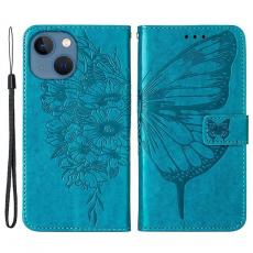 A-One Brand - iPhone 14 Plus Plånboksfodral Butterfly Flower Imprinted - Blå
