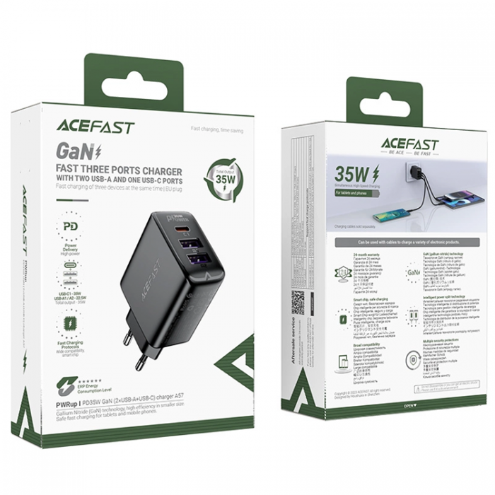 Acefast - Acefast A57 PD 35W GaN Vggladdare 2 x USB-A + USB-C - Svart