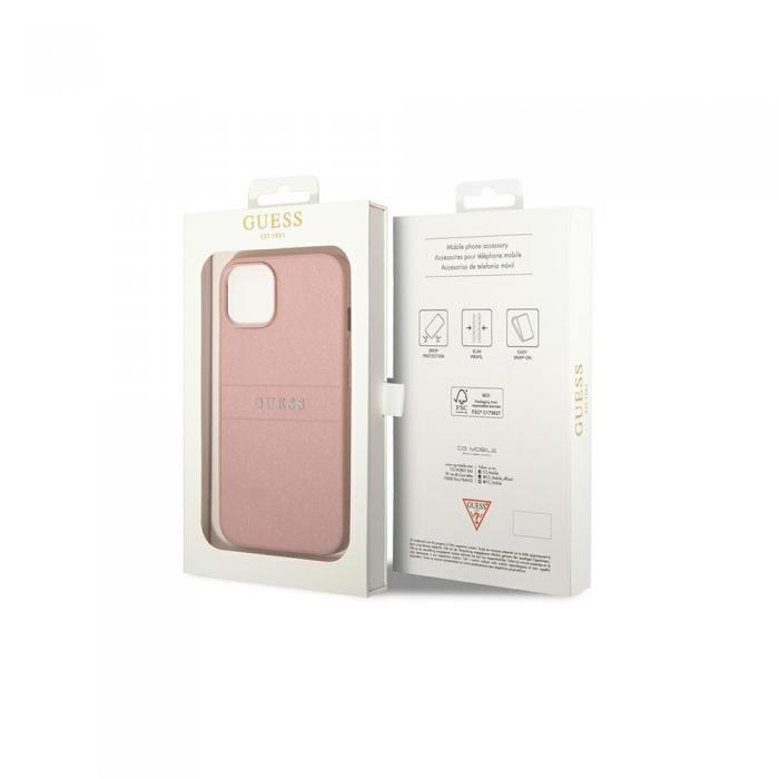 Guess - iPhone 14 Pro Rosa Saffiano Lderfodral med Metall Logo