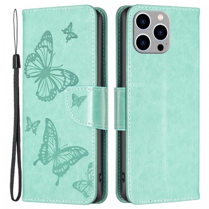 A-One Brand - iPhone 14 Pro Plnboksfodral Butterflies Imprinted - Turkos