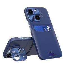 A-One Brand - iPhone 14 Skal Korthållare Läder Kickstand - Blå