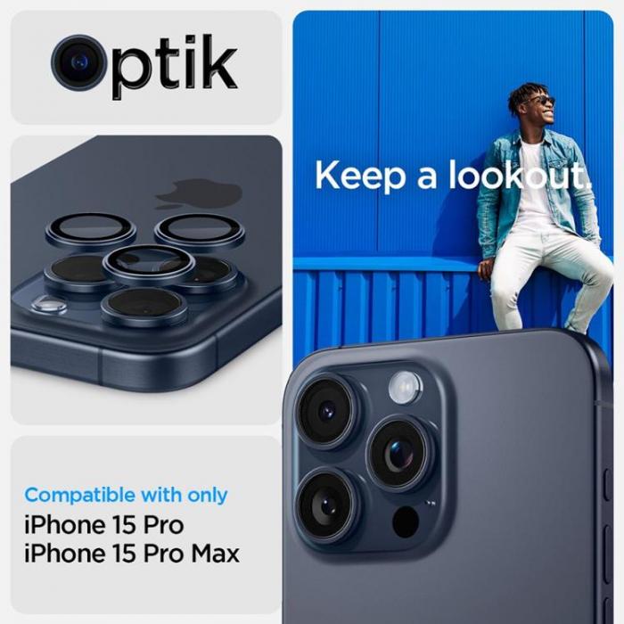 Spigen - [2-PACK] Spigen iPhone 15 Pro/15 Pro Max Kameralinsskydd i Hrdat Glas - Navy