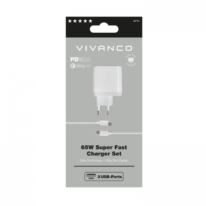 UTGATT1 - Vivanco GaN Snabb Hemladdare USB-A till USB-C 65W USB-C Kabel - Vit