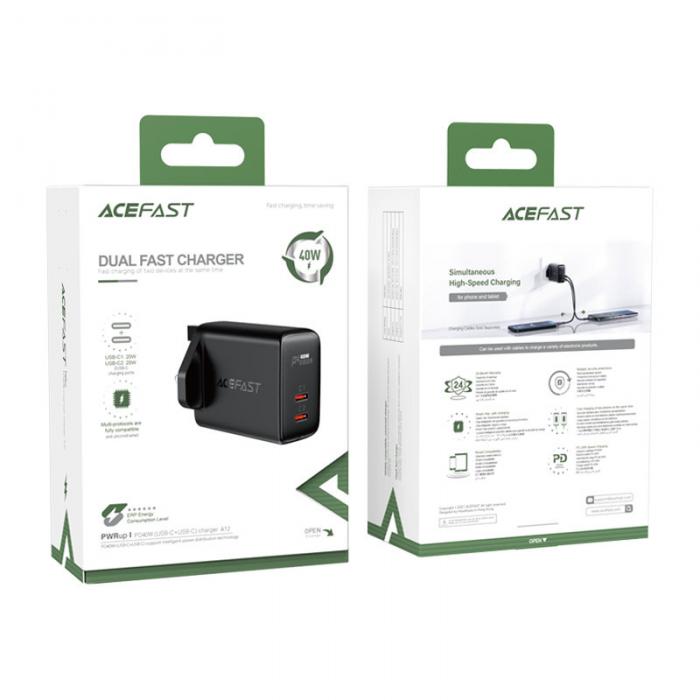 UTGATT1 - Acefast UK Vggladdare 2x USB-C 40W - Svart