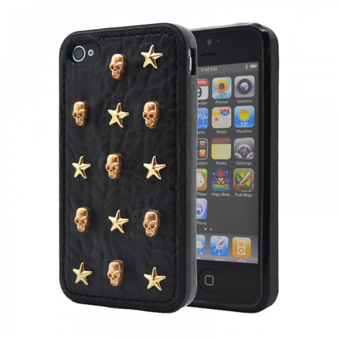 UTGATT4 - Studded leather pattern FlexiSkal till Apple iPhone 4S/4 (Star Skulls)