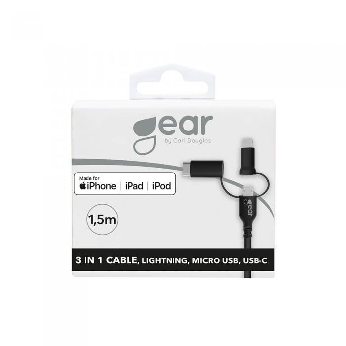 UTGATT4 - GEAR Laddkabel 3in1 Lightning USB-C Micro-USB 1.5m Svart MFI C89