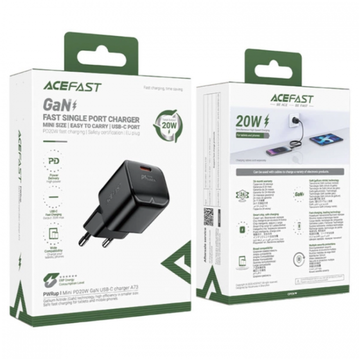 Acefast - Acefast Vggladdare USB-C 20W GaN - Svart