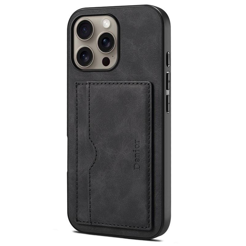 DENIOR iPhone 16 Pro Fodral Kortfack Ställ Retro Konstläder - Svart | 2353 | AlltMobil