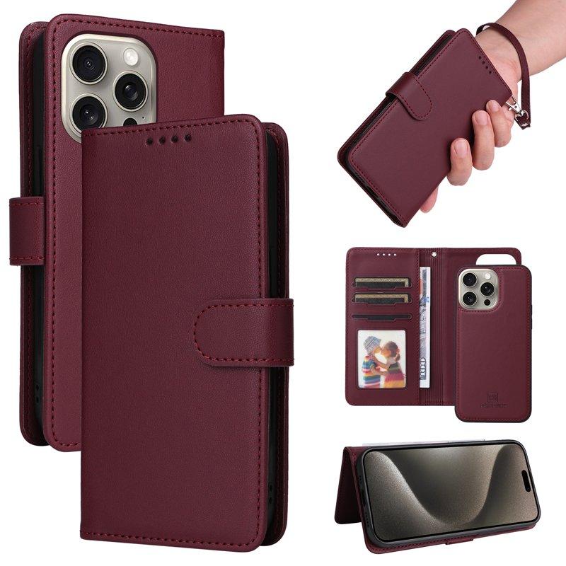 BETOPNICE iPhone 15 Pro Max Plånboksfodral - Detachable Konstläder- Vinröd
