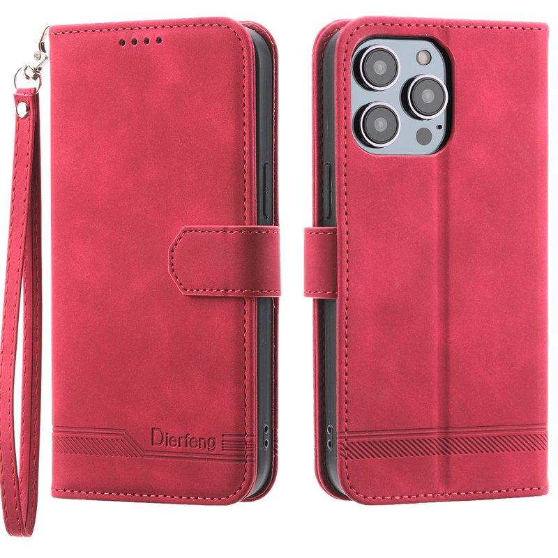 DIERFENG DF-03 Plånboksfodral för iPhone 15 Pro Max Konstläder - Röd