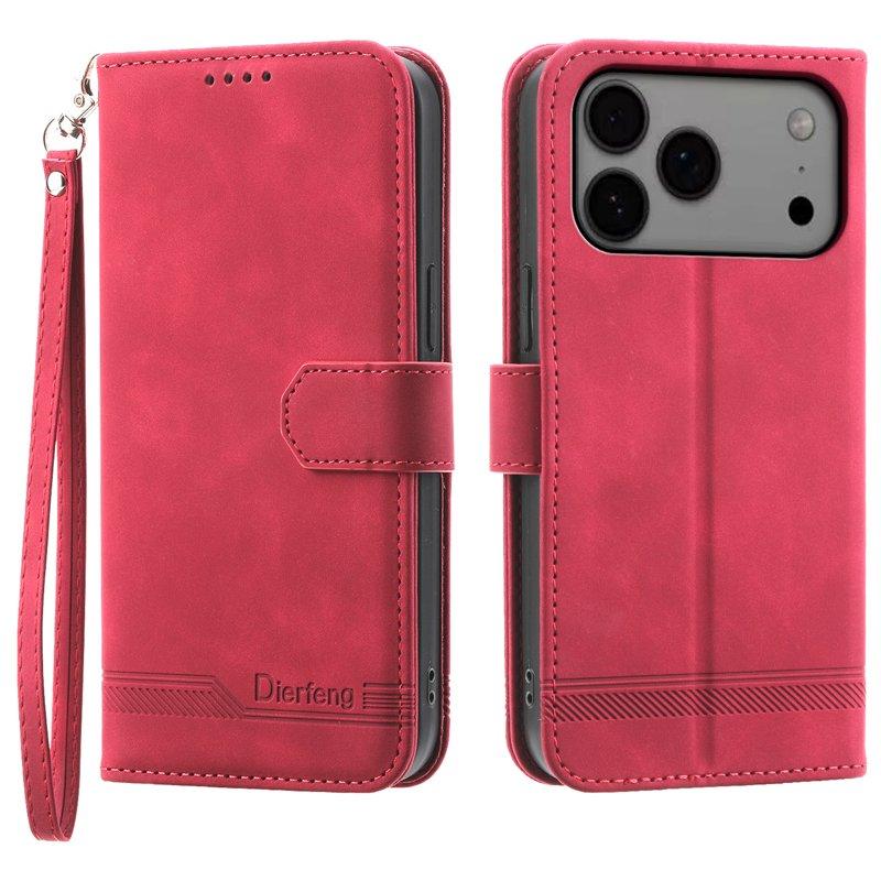 DIERFENG DF-03 Plånboksfodral för iPhone 17 Pro Max Konstläder - Röd