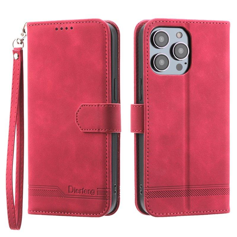 DIERFENG DF-03 Plånboksfodral i Konstläder för iPhone 12 Pro Max - Röd