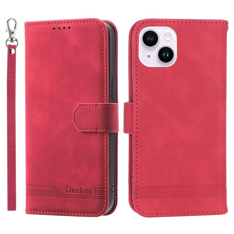 DIERFENG DF-03 Plånboksfodral i Konstläder för iPhone 15 Plus - Röd