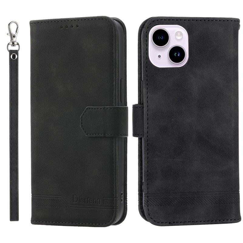 DIERFENG DF-03 Plånboksfodral i Konstläder för iPhone 15 Plus - Svart